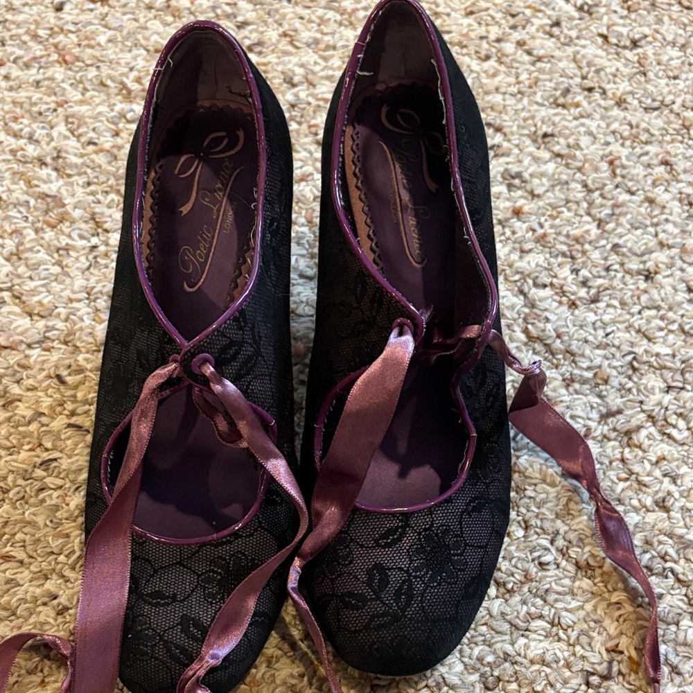 Poetic License Black Lace Ballet Flats with Purple Trim and Satin Ribbon - Picture 5 of 5